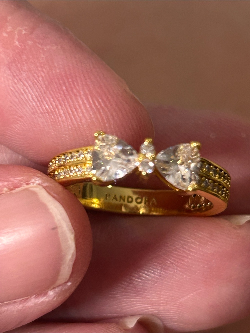 Pandora Gold Tone Ring with Clear Heart Cubic Zirconia
